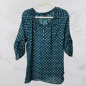Apt. 9 Sheer Top Roll Tab Sleeves Medium Teal Pattern